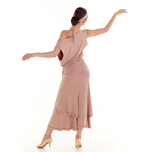 Women's Nude Pink Ruched Draped Tiered Skirt Latin Dance Dress