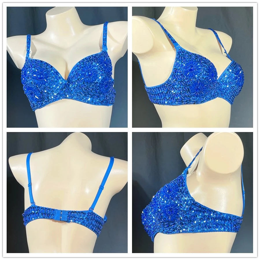 Sequin Beaded Dance Bra Top, Women's, Pink, Blue, Purple, Black, Embellished, Belly Dance