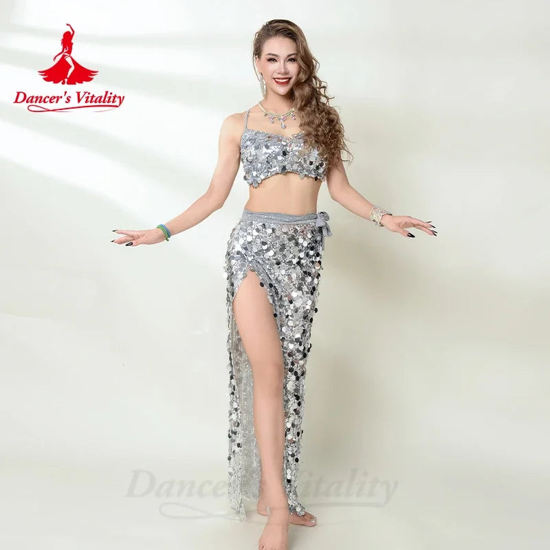 Belly Dance Costume Women Silver Sequin Crop Top and High Slit Skirt Set for Performance