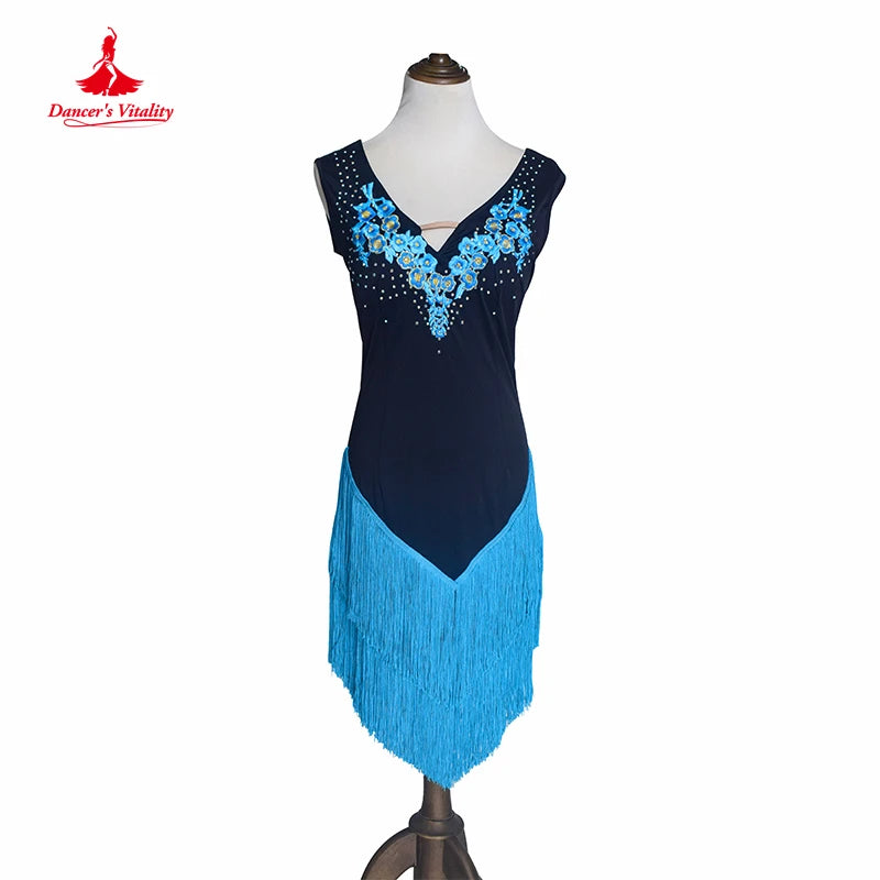 Women's Black & Neon Green Fringe Latin Dance Dress with Appliques & Rhinestones