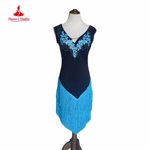 Women's Black & Neon Green Fringe Latin Dance Dress with Appliques & Rhinestones