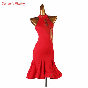 Women's Green Halter Sequin Fringe Latin Dance Dress