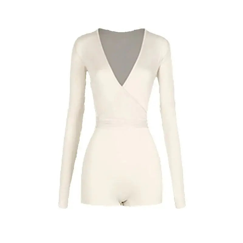 Women's Black, Pink, Ivory Long Sleeve V-Neck Wrap Bodysuit with Ruffled Tulle & Satin Tie Skirt for Latin Ballroom Dance