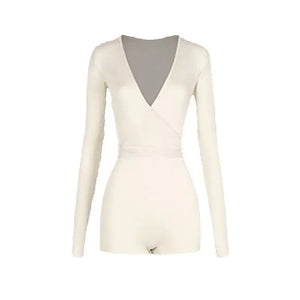 Women's Black, Pink, Ivory Long Sleeve V-Neck Wrap Bodysuit with Ruffled Tulle & Satin Tie Skirt for Latin Ballroom Dance