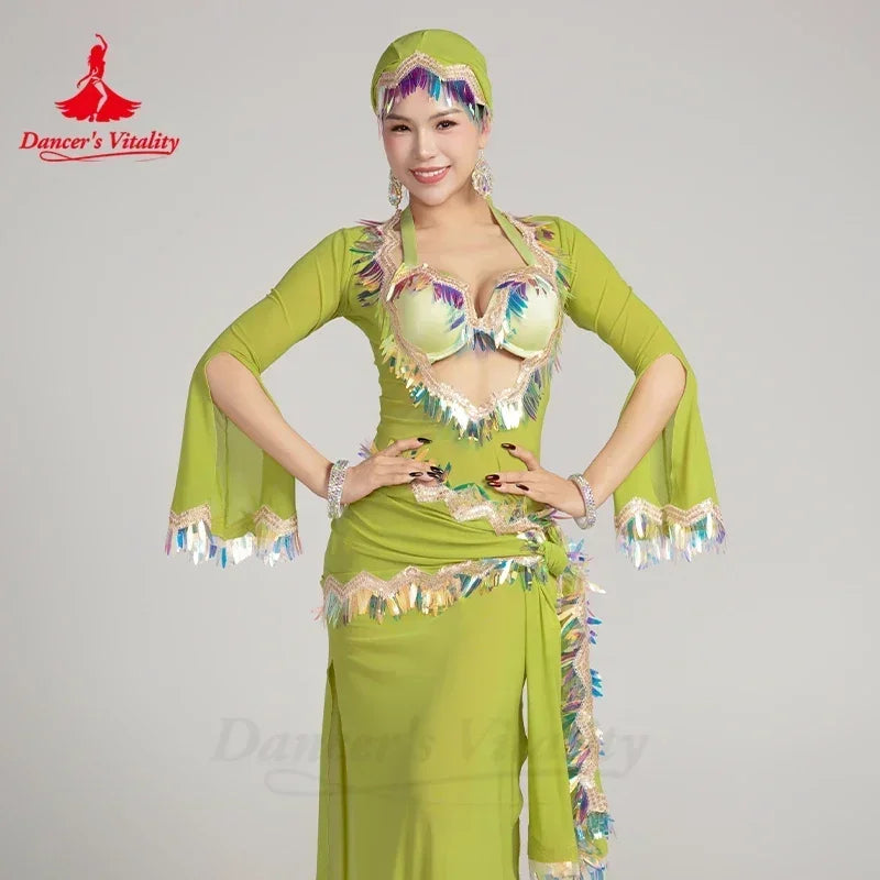 Women's Belly Dance Baladi Saidi 4-Piece Costume Set With Robe, Bra, Headscarf, Hip Scarf For Competition