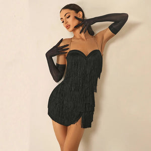 Women's Black Tan Pink Fringe Backless Latin Dance Dress
