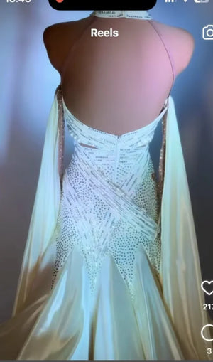Ballroom Dance Dress Women's Ivory Halter Neck Rhinestone & Pearl Embellished Satin Gown with Mesh Sleeves