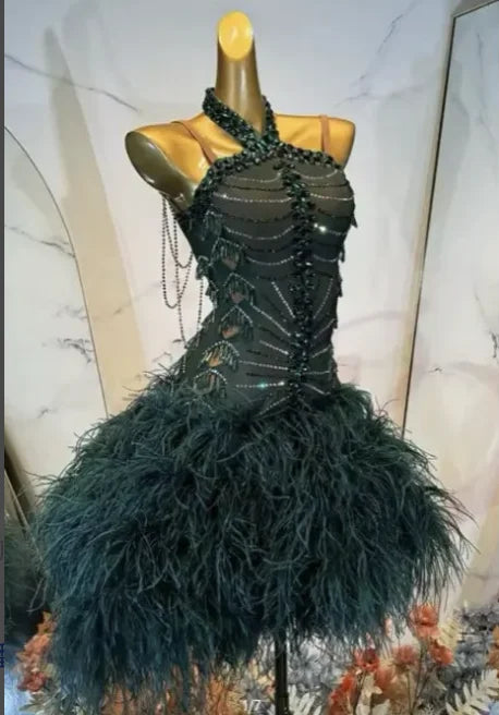 Latin Dance Dress Women's Emerald Green Halter Neck Beaded Fringe Ostrich Feather Rhinestone Ballroom Salsa Cha Cha Rumba Performance Gown