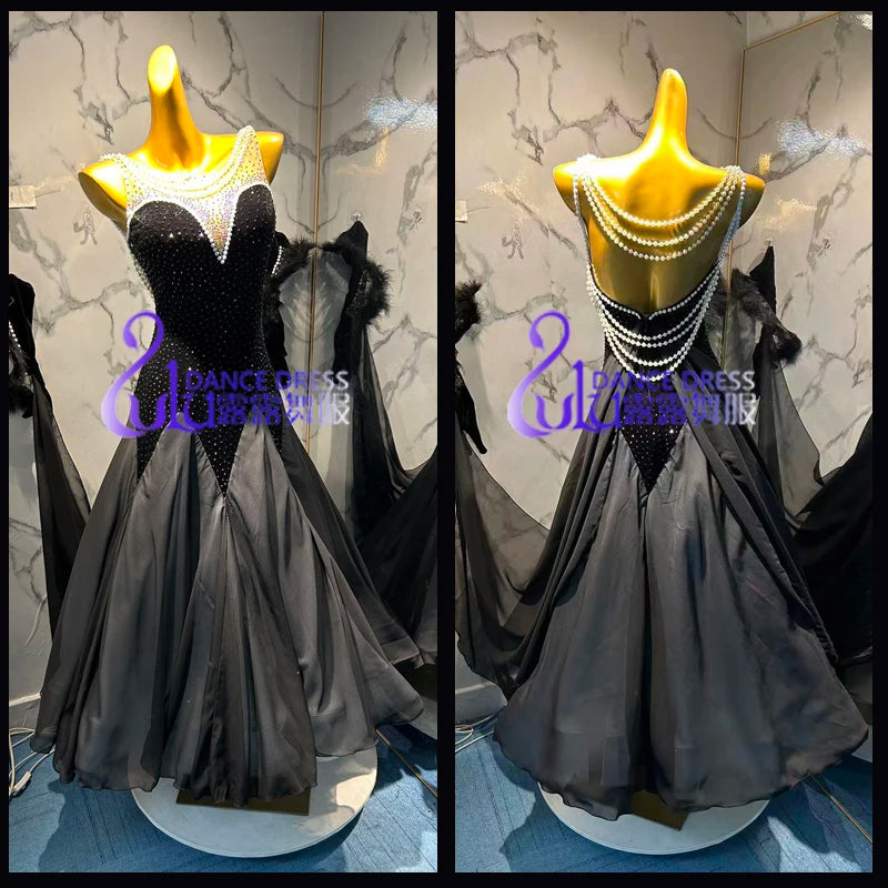 Women's Black Embellished Pearl Open Back Ballroom Dance Dress with Chiffon Skirt