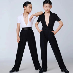 Boys' Black and White V-Neck Short Sleeve Ballroom Dance Shirts and Trousers Set