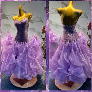 Ballroom Dance Dress Women's Lavender Sequin Bodice Layered Organza Ruffle Skirt Latin Salsa Tango Performance Gown