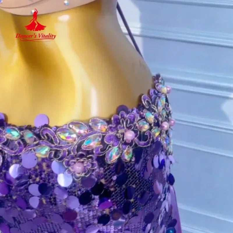 Adult Women's Belly Dance 2-Piece Costume With Rhinestone Bra And Sequin Fishtail Skirt For Competition