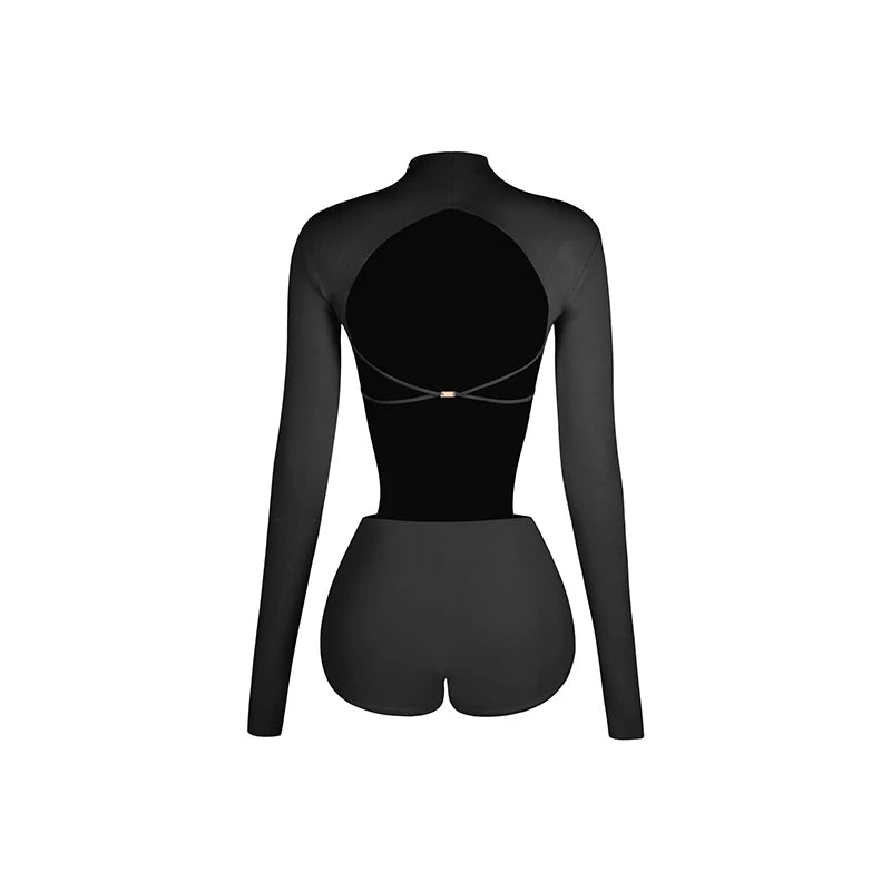 Women's Pink Long Sleeve Mock Neck Cut-Out Bodysuit with Black Asymmetrical Wrap Skirt for Latin Dance