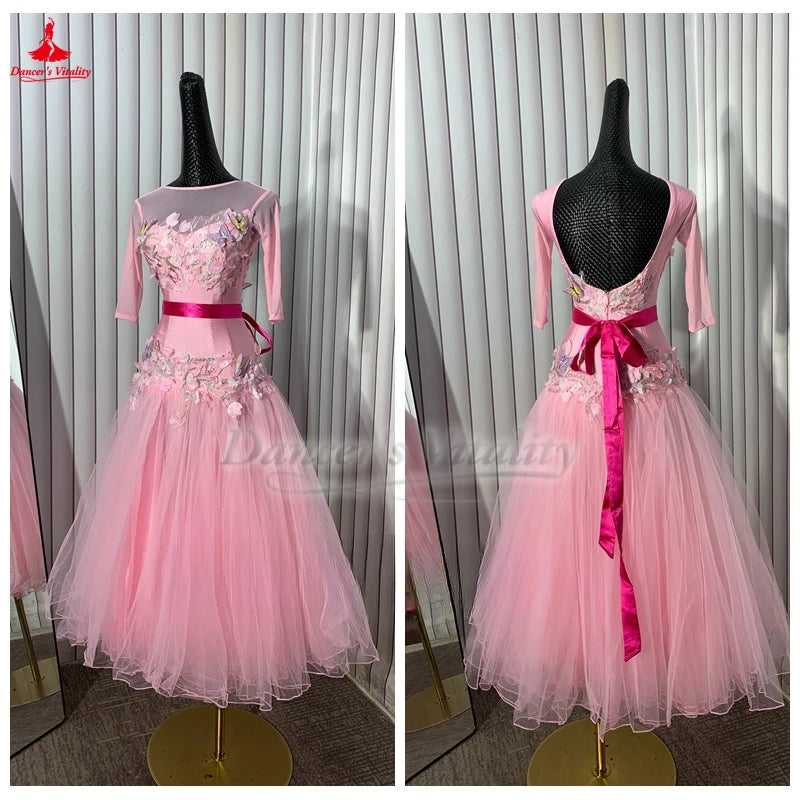 Ballroom Dance Dress Women's Pink Floral Embroidered Mesh Tulle Long Sleeve Open Back Waltz Foxtrot Standard Dance Gown