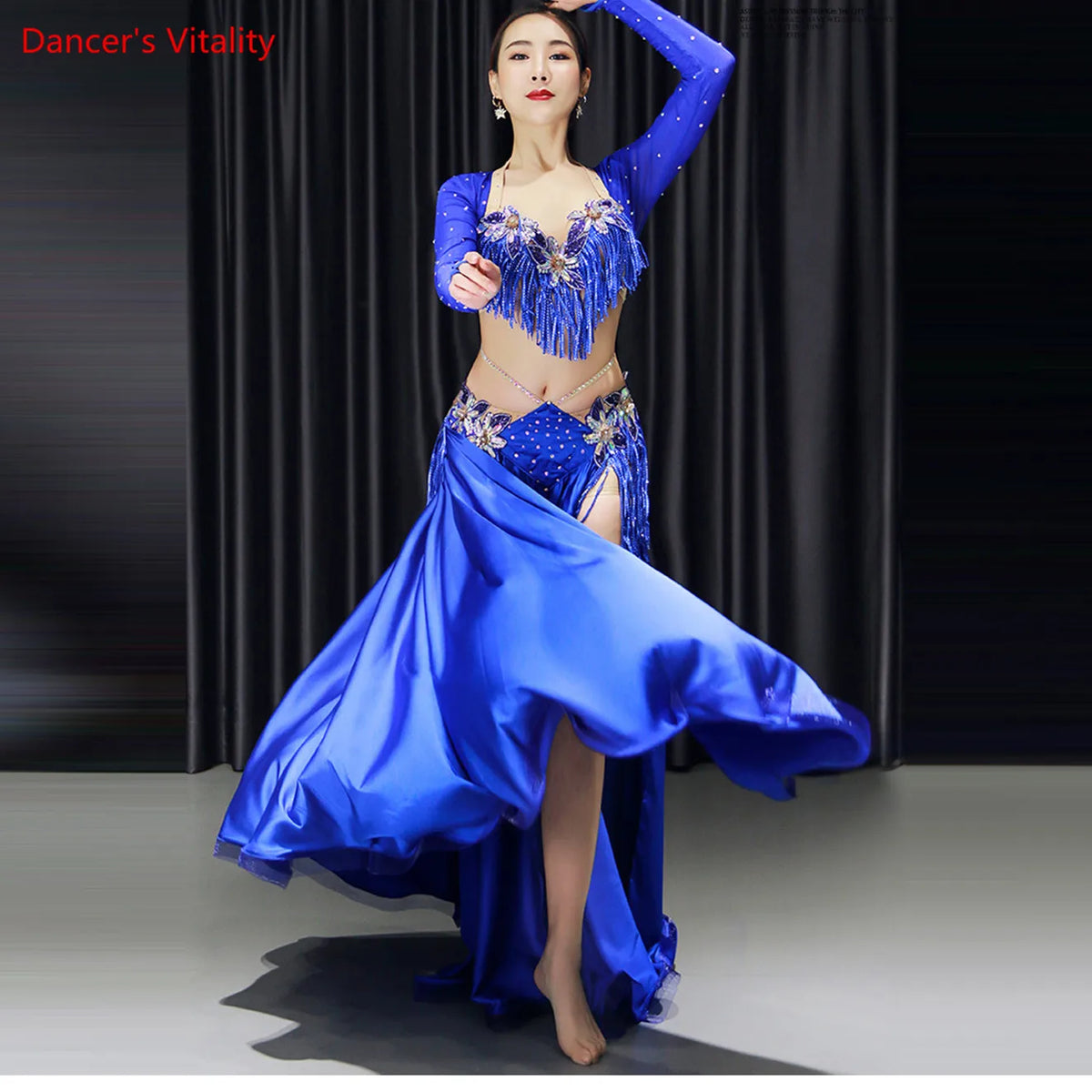 Women's Blue Sequin Fringe Long Sleeve Belly Dance Costume with Flowing Skirt
