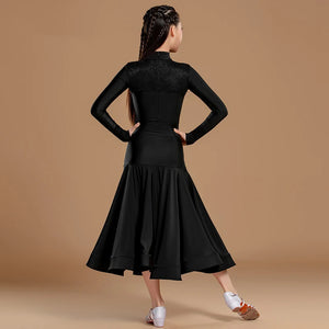 Girls' Black Ballroom Dance Dress with Lace Neckline and Ruched Waist, Long Sleeve Latin Dance Skirt