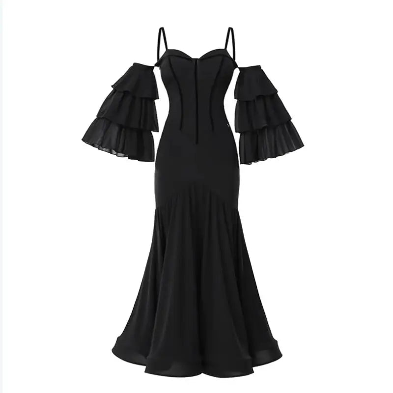 Women's Black Chiffon Off-Shoulder Ruffle Sleeve Sweetheart Neckline Latin Ballroom Dance Dress