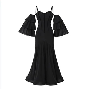 Women's Black Chiffon Off-Shoulder Ruffle Sleeve Sweetheart Neckline Latin Ballroom Dance Dress