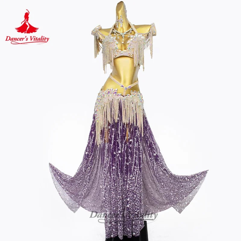 Women's Belly Dance Bra and Long Skirt Set With Sequin Tassels and AB Rhinestones For Competition