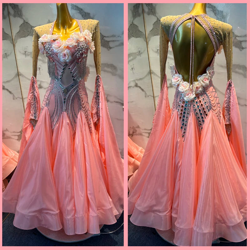 Women's Pink Beaded Floral Rhinestone Embellished Ballroom Dance Dress
