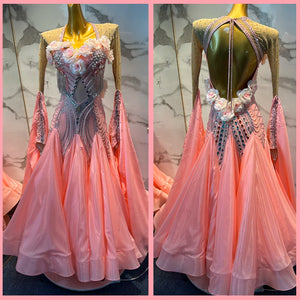 Women's Pink Beaded Floral Rhinestone Embellished Ballroom Dance Dress