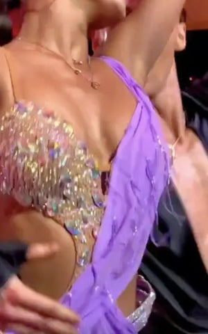 Women's Purple & Rhinestone Latin Dance Dress - Open Back, Sheer Details