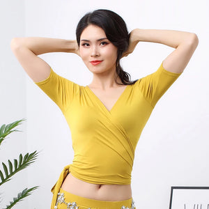 Women's Blue V-Neck Wrap Belly Dance Top with Elbow Sleeves, Performance Apparel