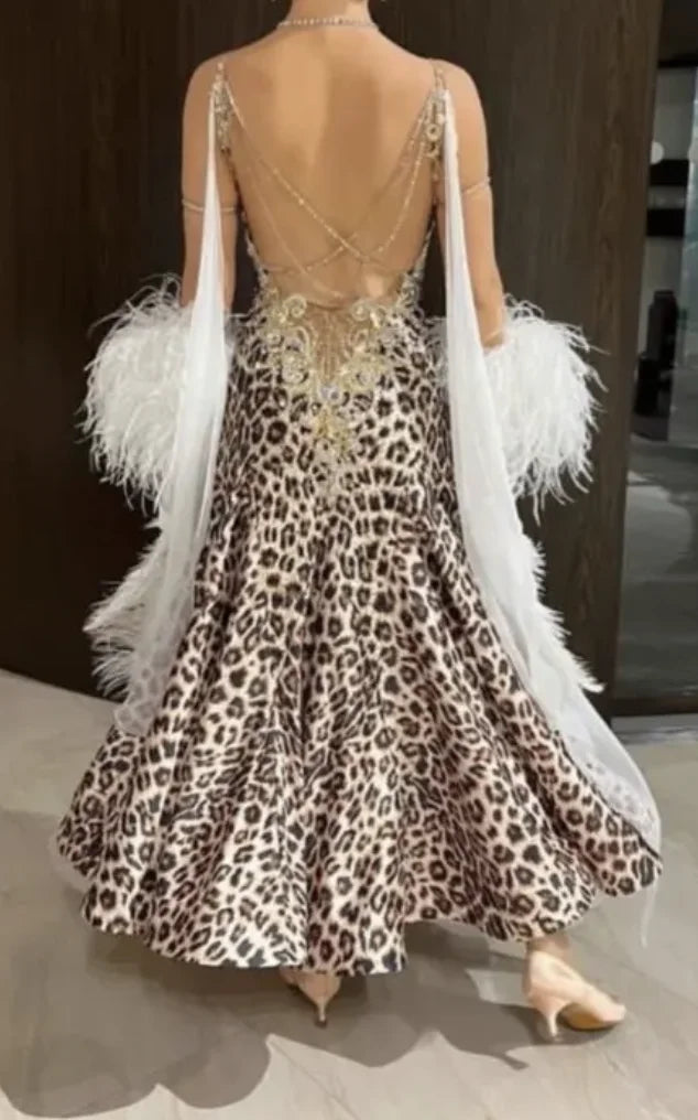 Women's Leopard Print Feathered Rhinestone Ballroom Dance Dress