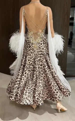 Women's Leopard Print Feathered Rhinestone Ballroom Dance Dress