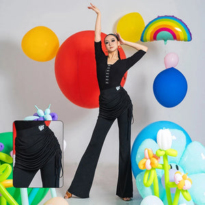 Women's Black Ruched Drawstring Waist Flared Leg Dance Pants
