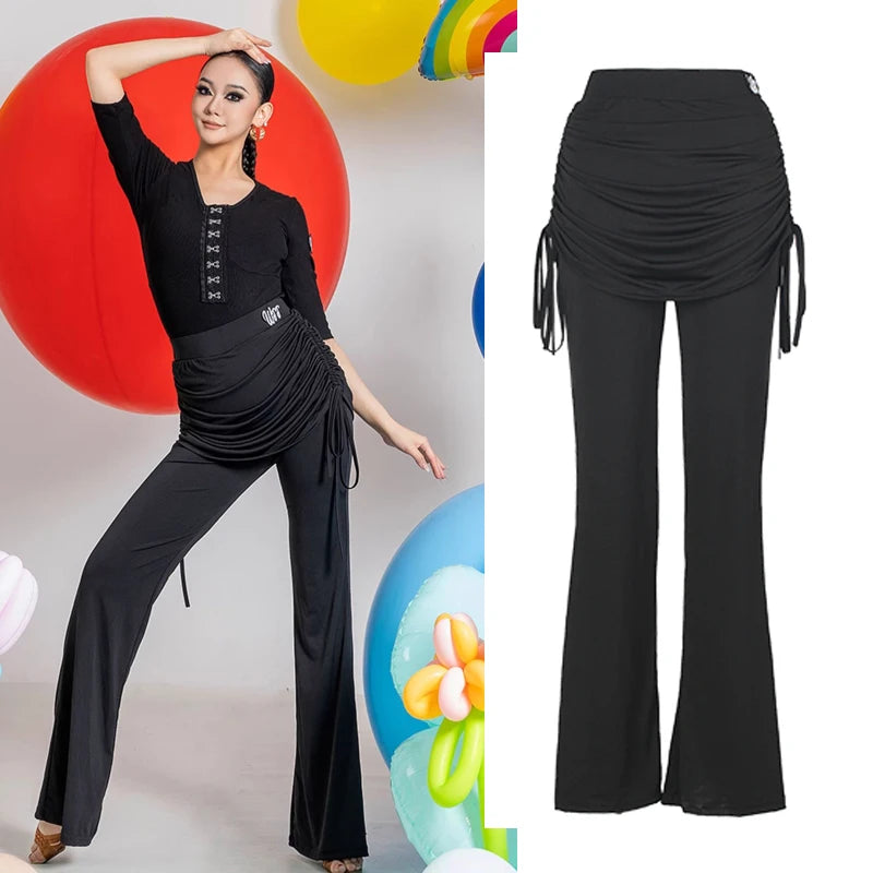 Women's Black Ruched Drawstring Waist Flared Leg Dance Pants