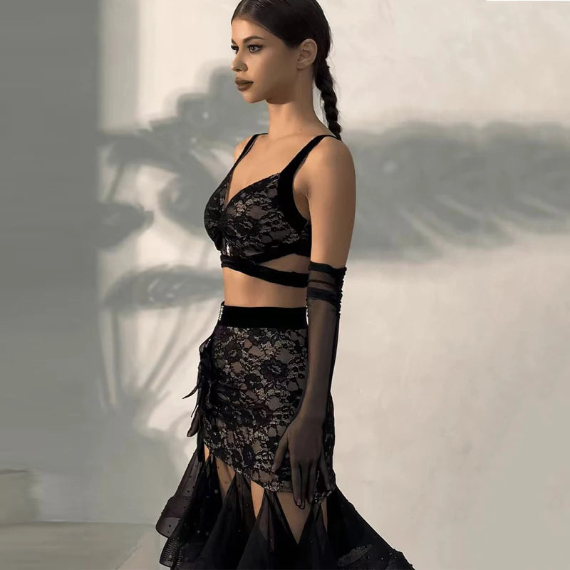 Women's Black Lace Velvet Mesh Latin Ballroom Dance Crop Top and Skirt Set with Slit Hem, Floral Applique