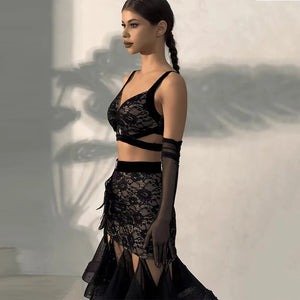 Women's Black Lace Velvet Mesh Latin Ballroom Dance Crop Top and Skirt Set with Slit Hem, Floral Applique