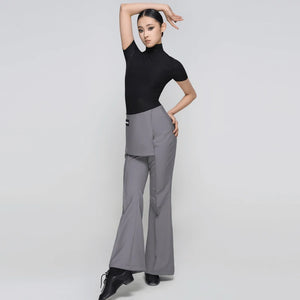 Women's White, Light Green, Black, and Gray Short Sleeve Mock Neck Dance Top with Flared Dance Pants