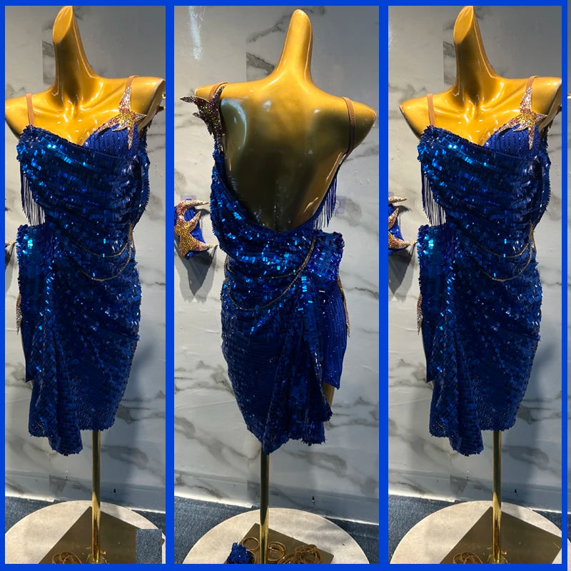 Women's Blue Sequin Fringe Asymmetrical Backless Latin Rhythm Dance Dress