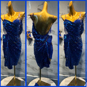 Women's Blue Sequin Fringe Asymmetrical Backless Latin Rhythm Dance Dress