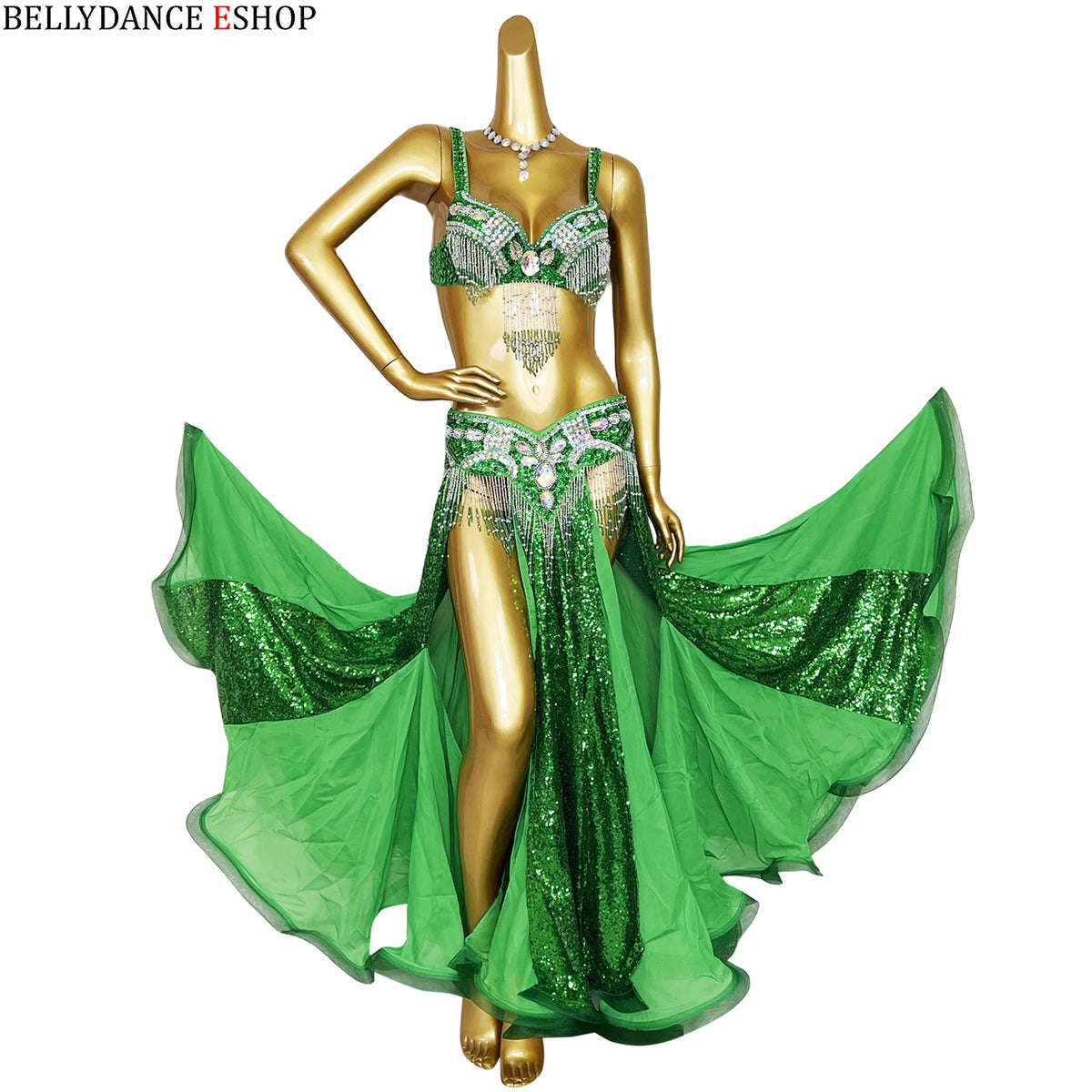 Belly Dance Costume Women Yellow & Gold Sequin Chiffon Bra Belt Skirt Set with Rhinestone Fringe