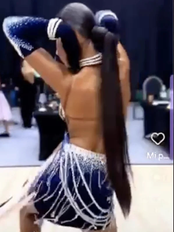 Women's Navy Blue & Silver Sequin Fringe Latin Ballroom Dance Dress with Arm Sleeves