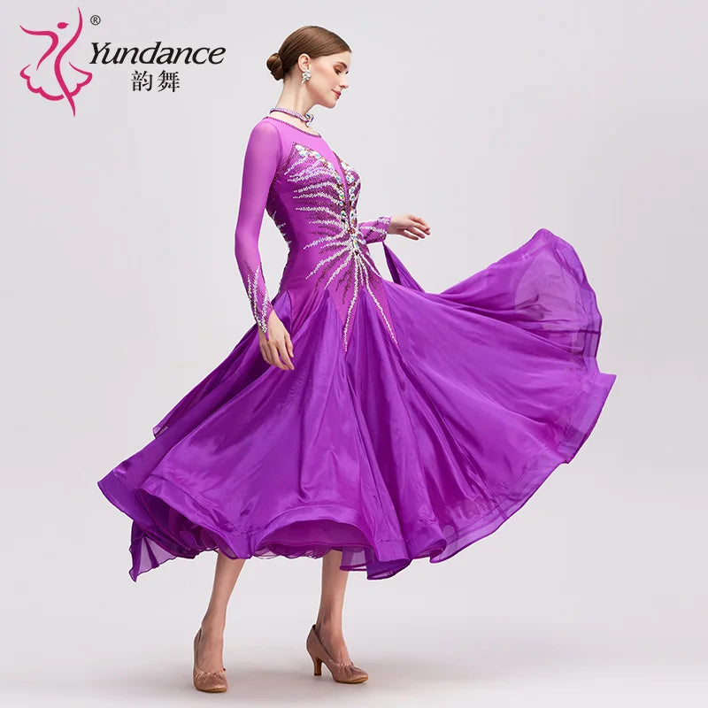 Women's International Standard Ballroom Dance Dress Purple Chiffon For Competition