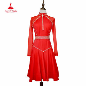 Women's Royal Blue Rhinestone Mesh Long Sleeve Latin Ballroom Dance Dress