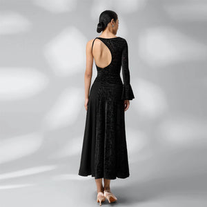Women's Black Asymmetrical One-Shoulder Mesh Panel Leaf Pattern Latin Ballroom Dance Dress