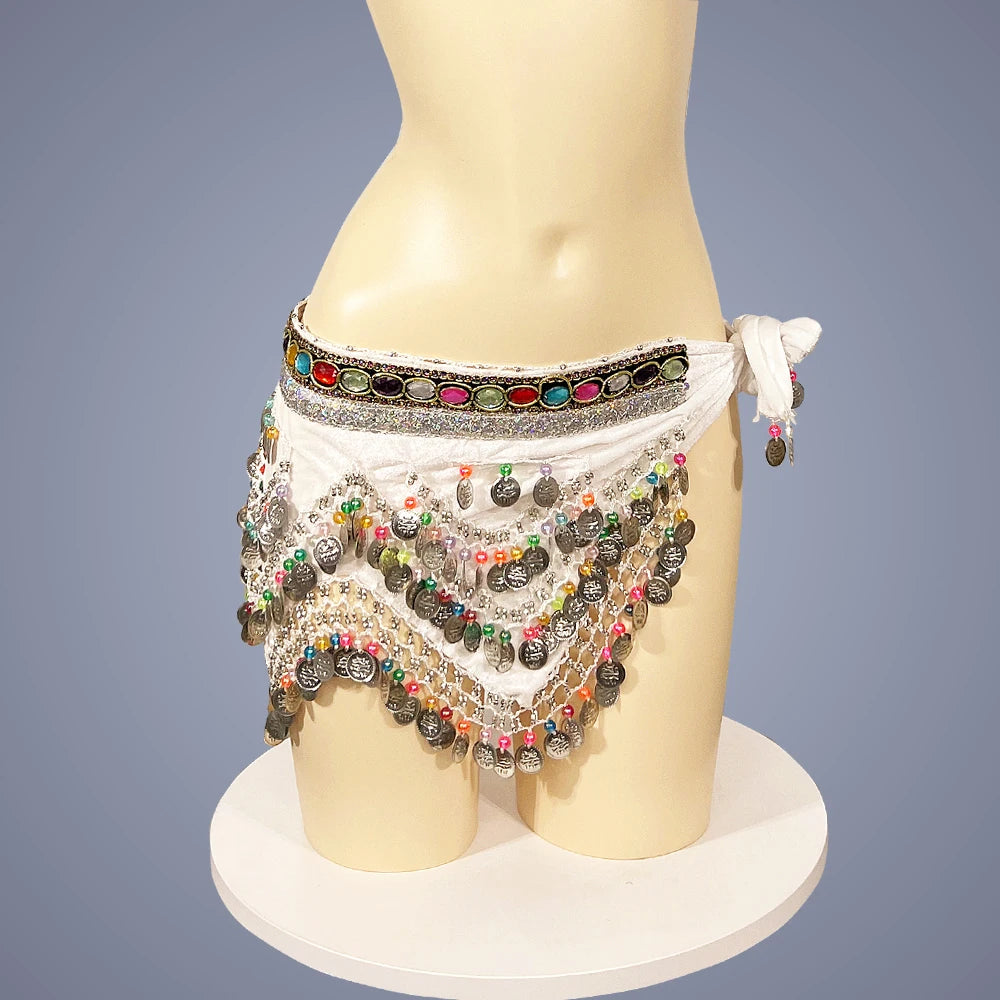 Belly Dance Hip Scarf, Women's Blue Gold Coin & Jewel Embellished Chiffon Waist Wrap, Tribal Fusion Bellydance