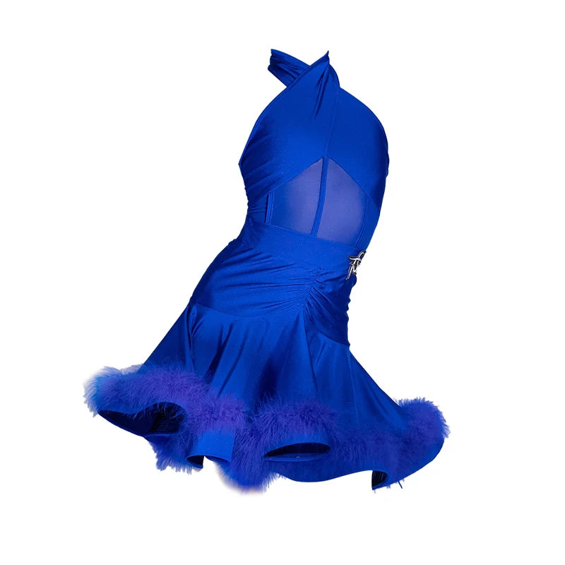 Girls' Hot Pink Latin Dance Dress with Mesh Bodice and Feather Trim, Halter Neck Sleeveless
Girls' Royal Blue Latin Dance Dress with Mesh Bodice and Feather Trim, Halter Neck Sleeveless