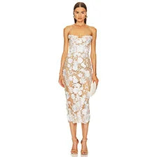 Strapless Floral Embroidered Sheath Dress with Beading and Side Slit