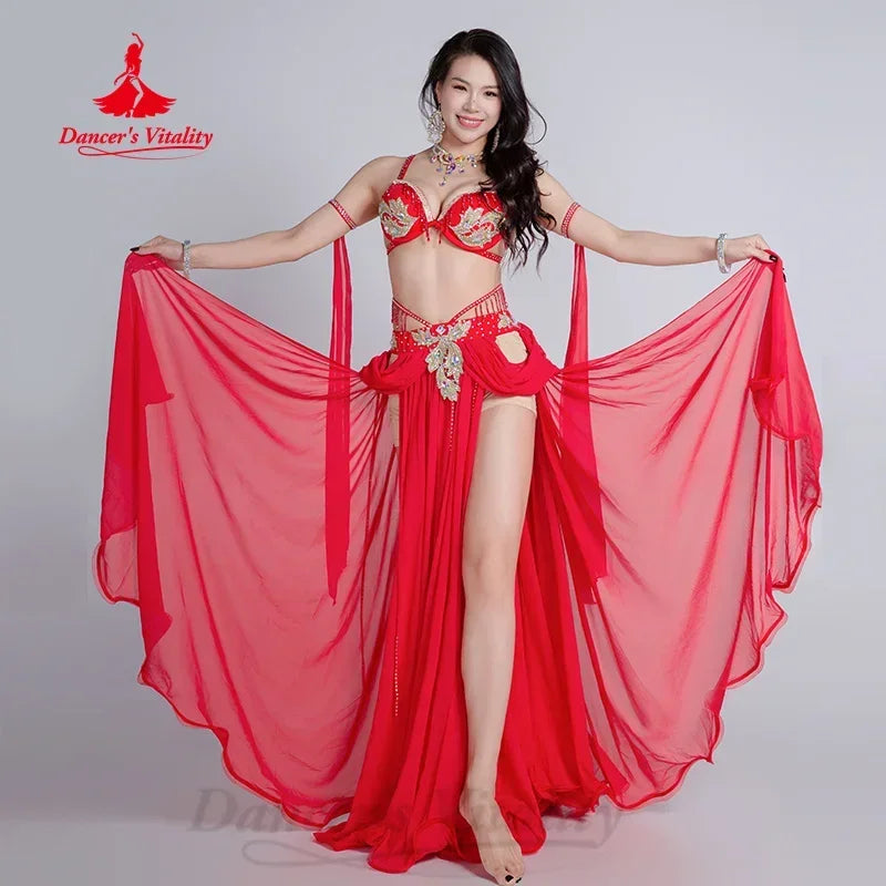 Women's Belly Dance Costume Set With AB Rhinestone Bra Top, Sleeves And Chiffon Long Skirt For Competition