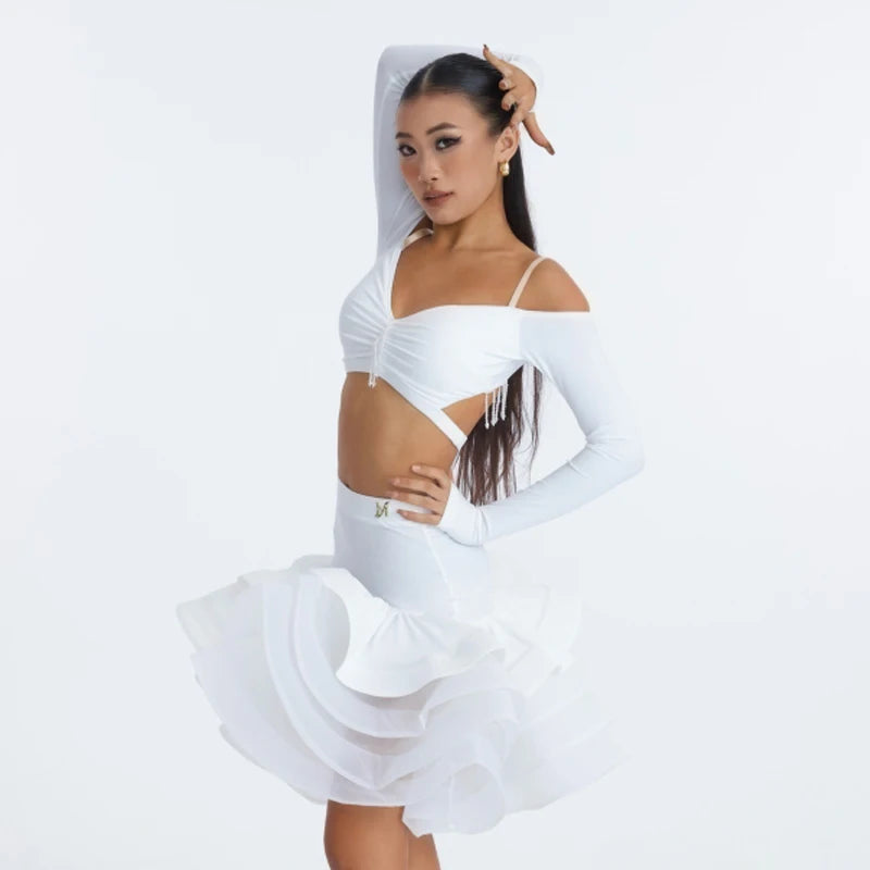 Women's Light Blue, Lavender, and Gold Off-Shoulder Long Sleeve Crop Top and Ruffled Skirt Latin Dance Dress