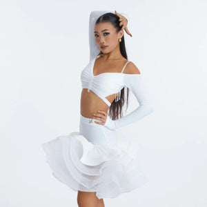 Women's Light Blue, Lavender, and Gold Off-Shoulder Long Sleeve Crop Top and Ruffled Skirt Latin Dance Dress