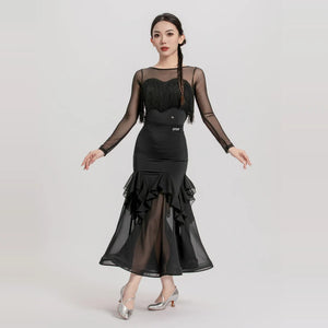 Women Black Mesh Fringe Ruffle Latin Dance Dress
