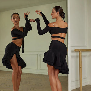 Women's Burgundy & Black Off-Shoulder Crop Top & Ruffled Skirt Latin Dance Costume Set