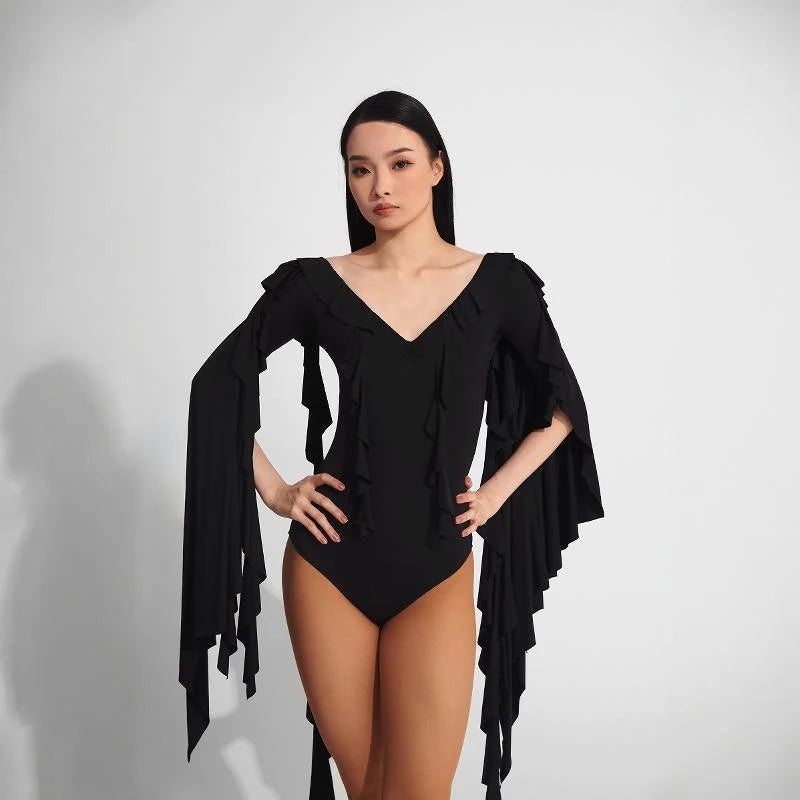 Women's Black Ruffled V-Neck Long Sleeve Mermaid Ballroom Latin Dance Dress